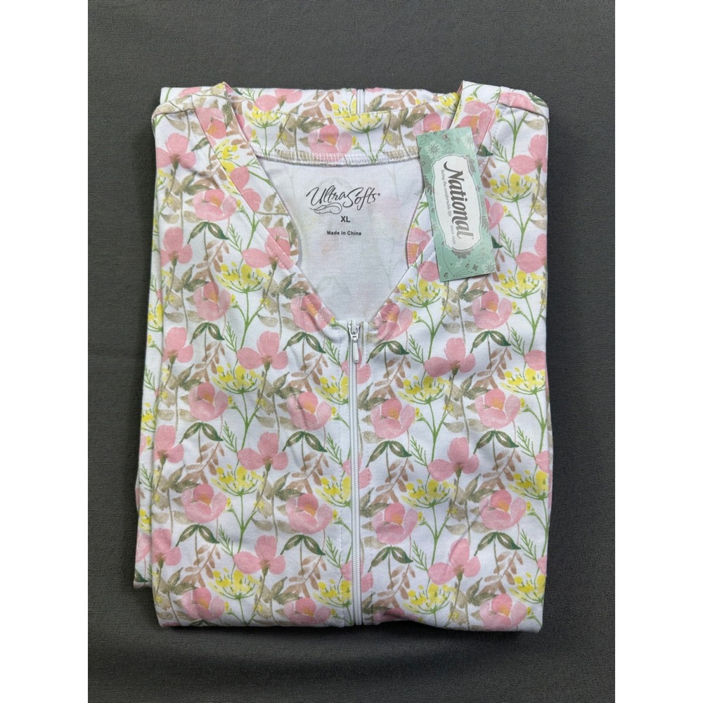 National UltraSofts Floral Zip Front Lounger Robe XL Pink Yellow House Dress